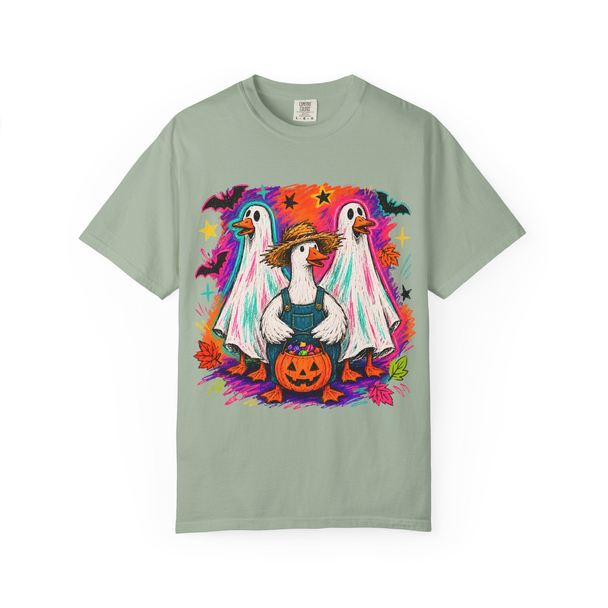 Halloween Goose T Shirt Cute Goose in Ghost Costume with Pumpkin Illustration