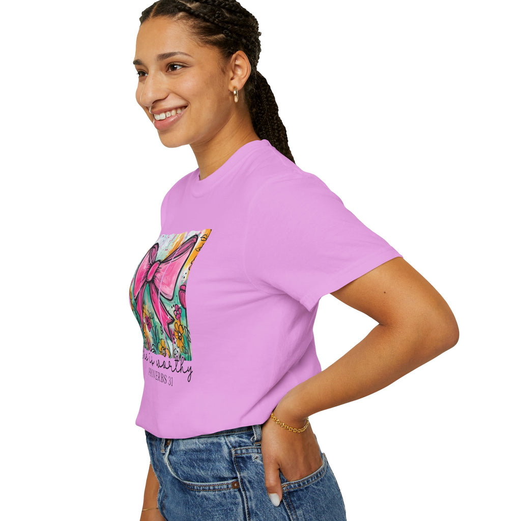 Pink Bow Floral Illustration Tee Shirt | She is Worthy Proverbs 31 Christian Tee