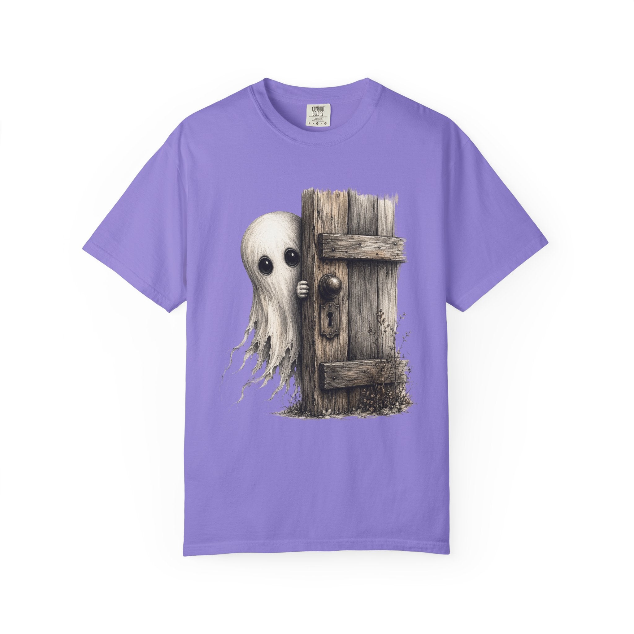 Ghost Peeking Behind Door T Shirt Cute Spooky Halloween Tee