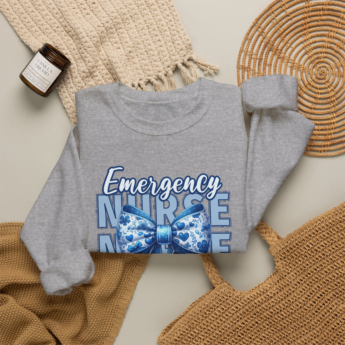 Emergency Nurse Sweatshirt, ER Nurse Blue Bow Shirt, Emergency Room Nurse Gift, RN Sweatshirt, Cute Nurse Apparel, Nursing Gift