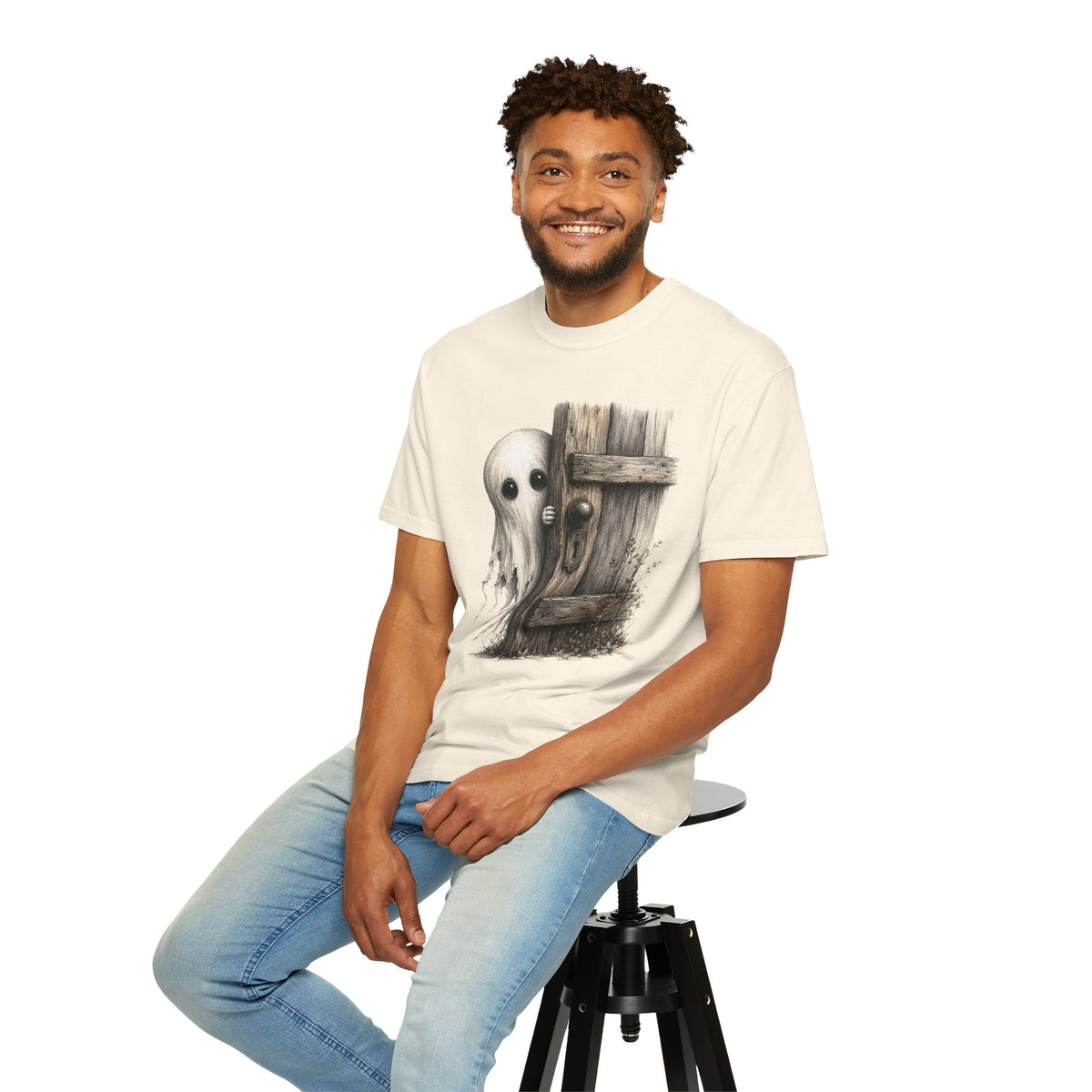 Ghost Peeking Behind Door Tee Shirt Cute Spooky Halloween Tee