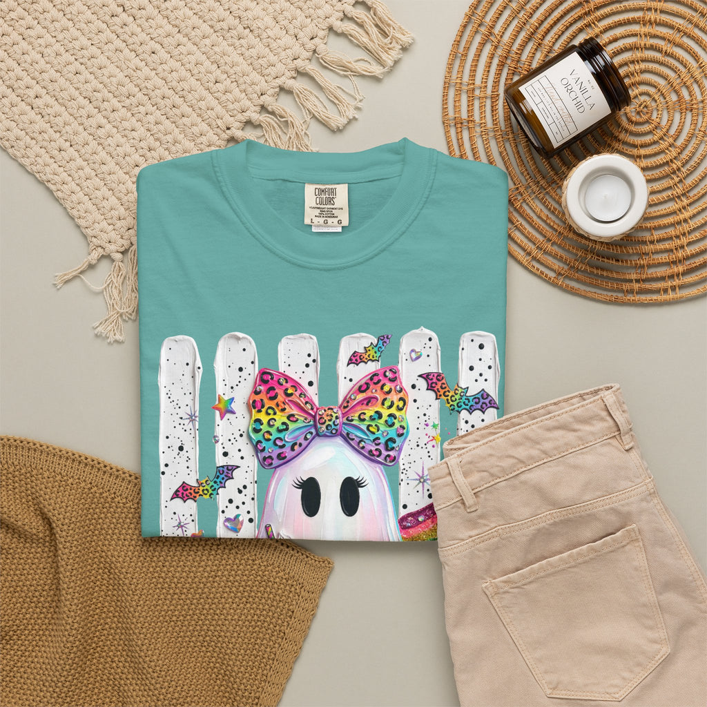 Halloween Rainbow Ghost T Shirt Cute Glittery Ghost with Rainbow Bow and Pumpkins