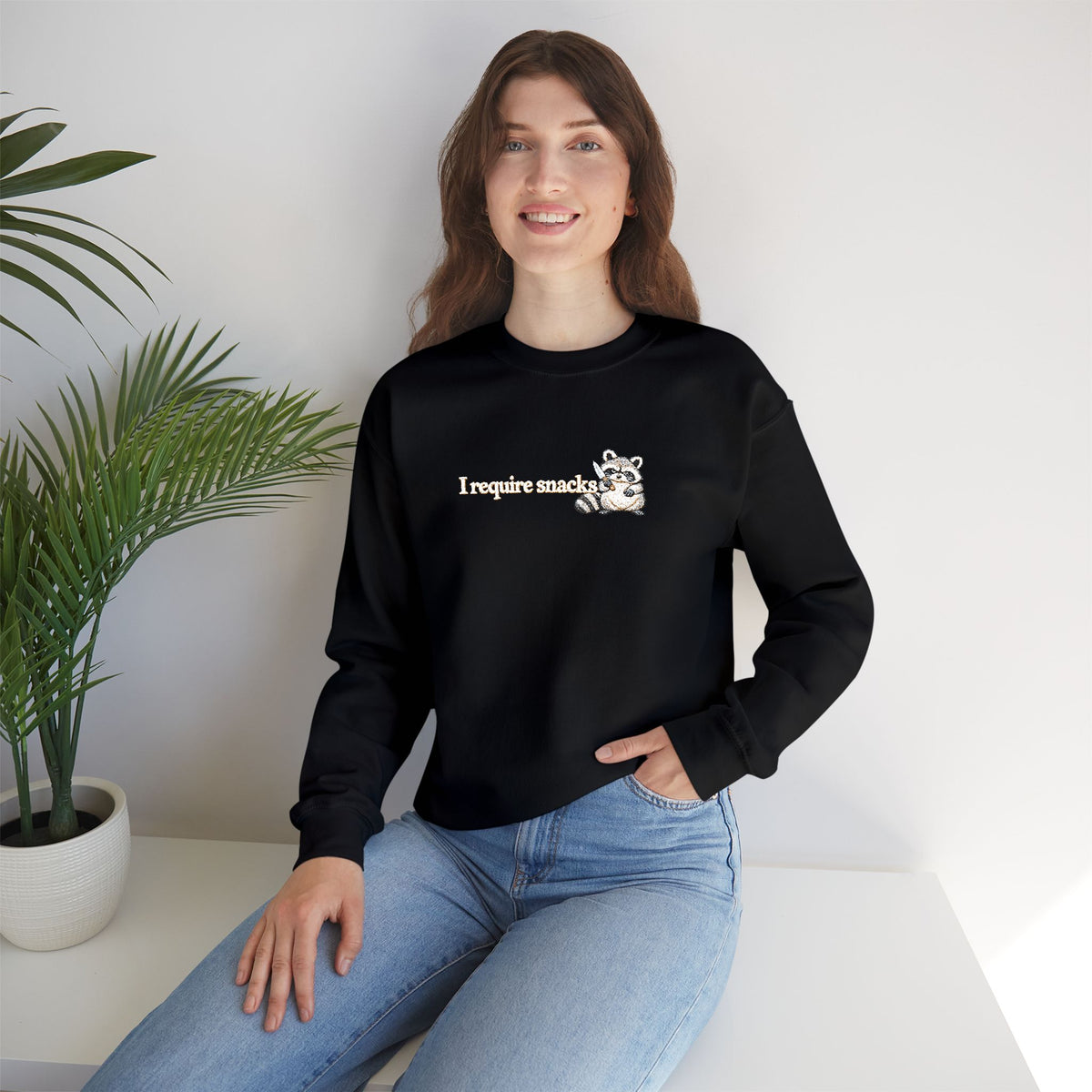 I Require Snacks Embroidered Sweatshirt, Funny Raccoon Sweatshirt, Minimalist Embroidery, Sarcastic Animal Lover Gift, Cozy Crewneck