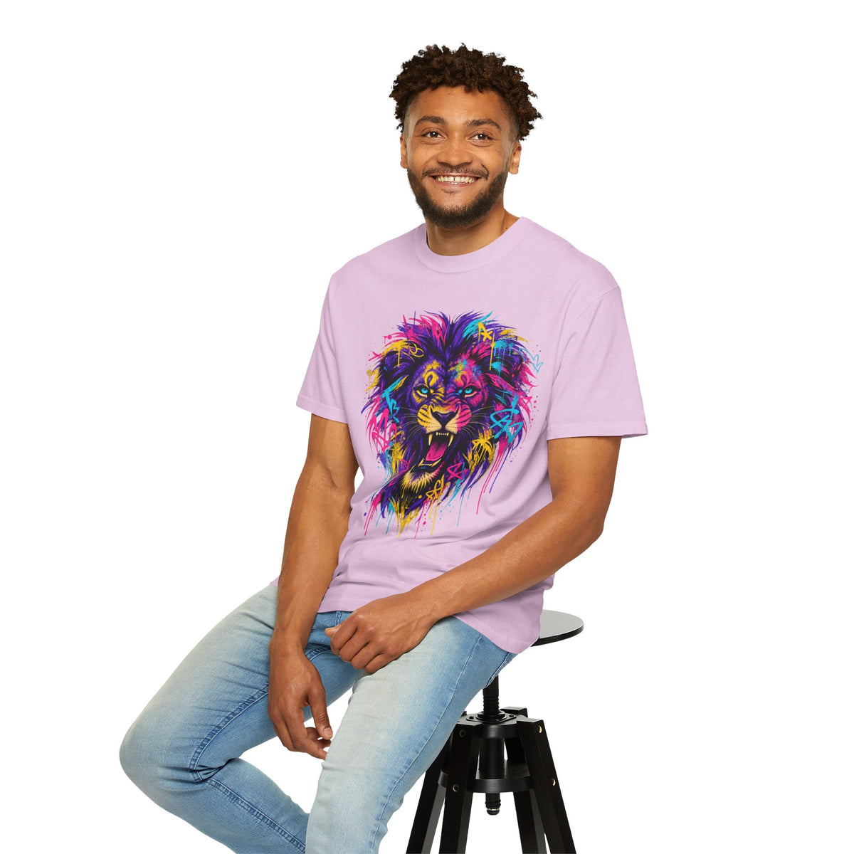 Colorful Roaring Lion T Shirt Vibrant Neon Animal Graphic Tee