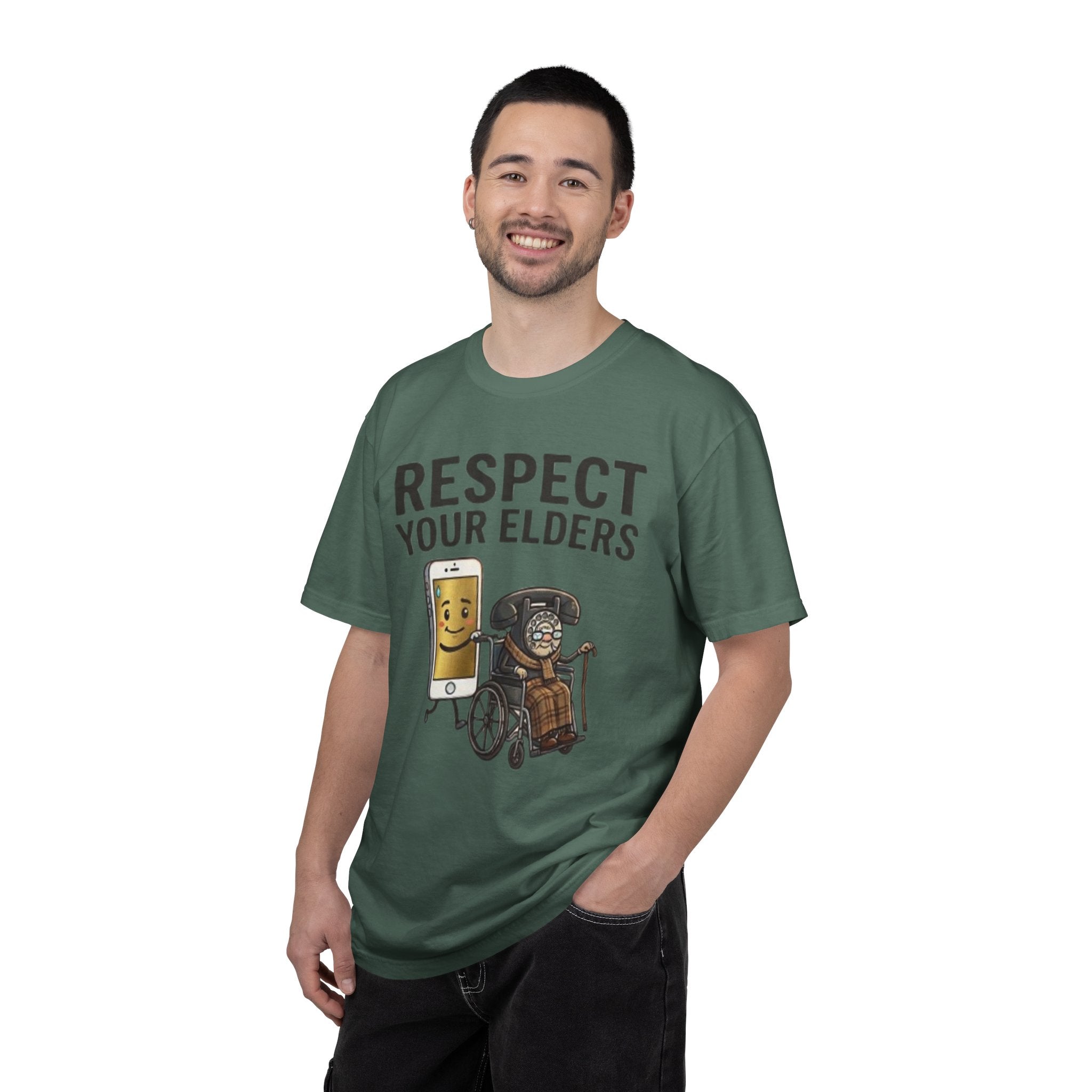 Respect Your Elders T-Shirt  Funny Retro Phone and Wheelchair Graphic Tee