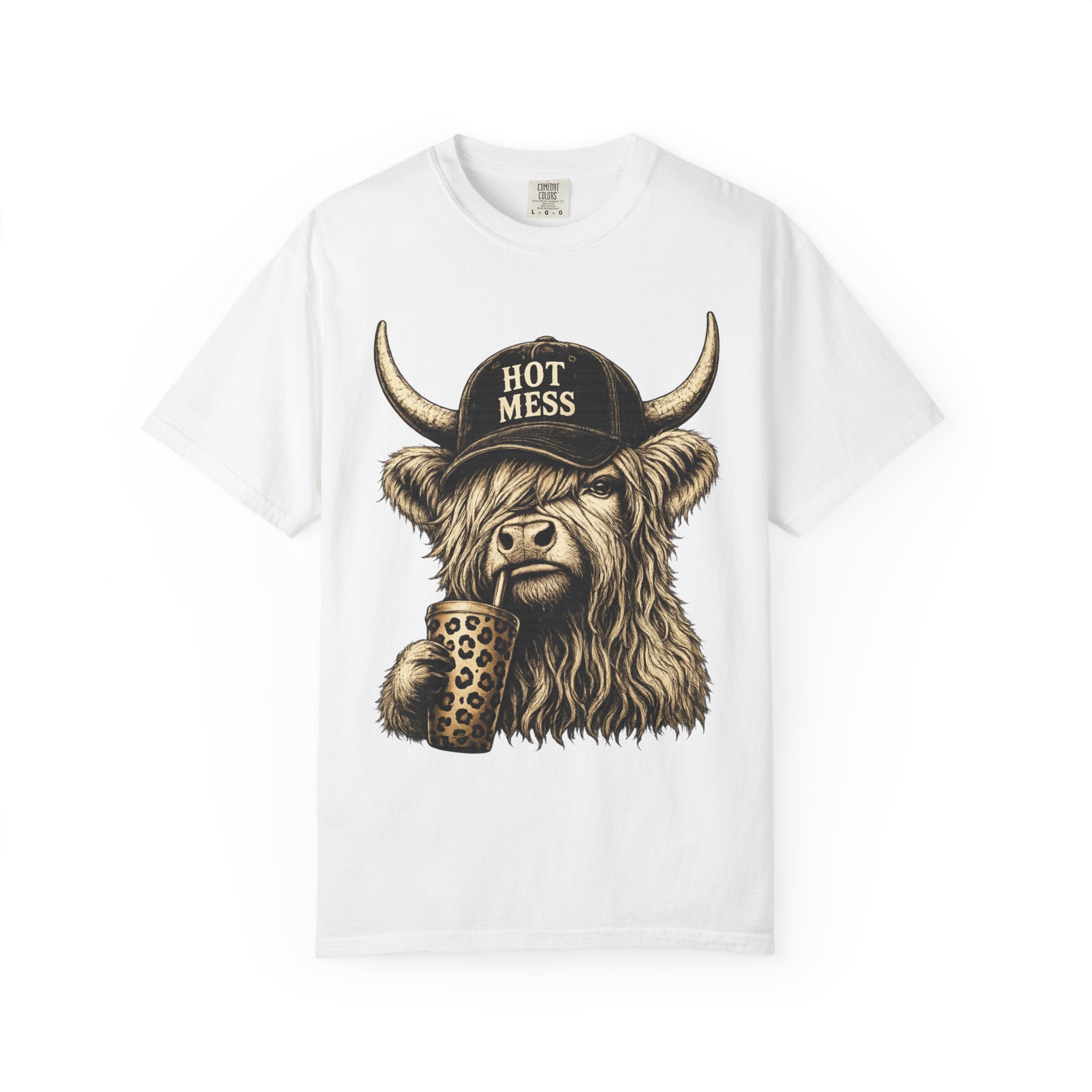 Hot Mess Highland Cow T Shirt Funny Cow with Coffee Graphic