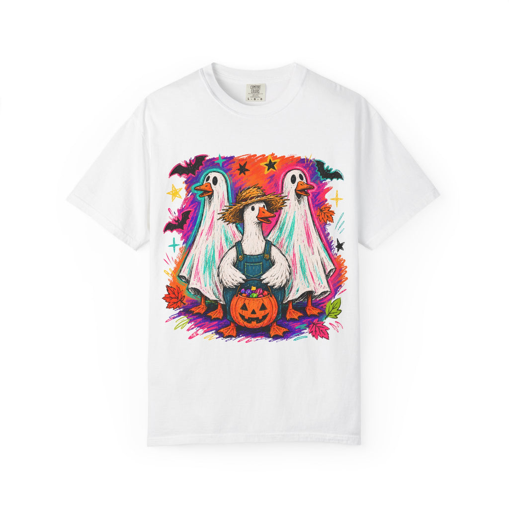 Halloween Goose T Shirt Cute Goose in Ghost Costume with Pumpkin Illustration