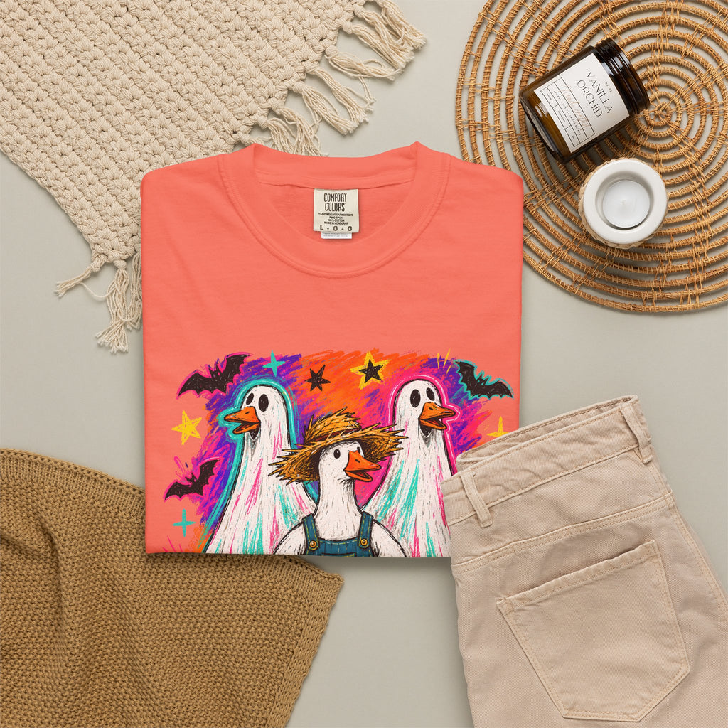 Halloween Goose T Shirt Cute Goose in Ghost Costume with Pumpkin Illustration