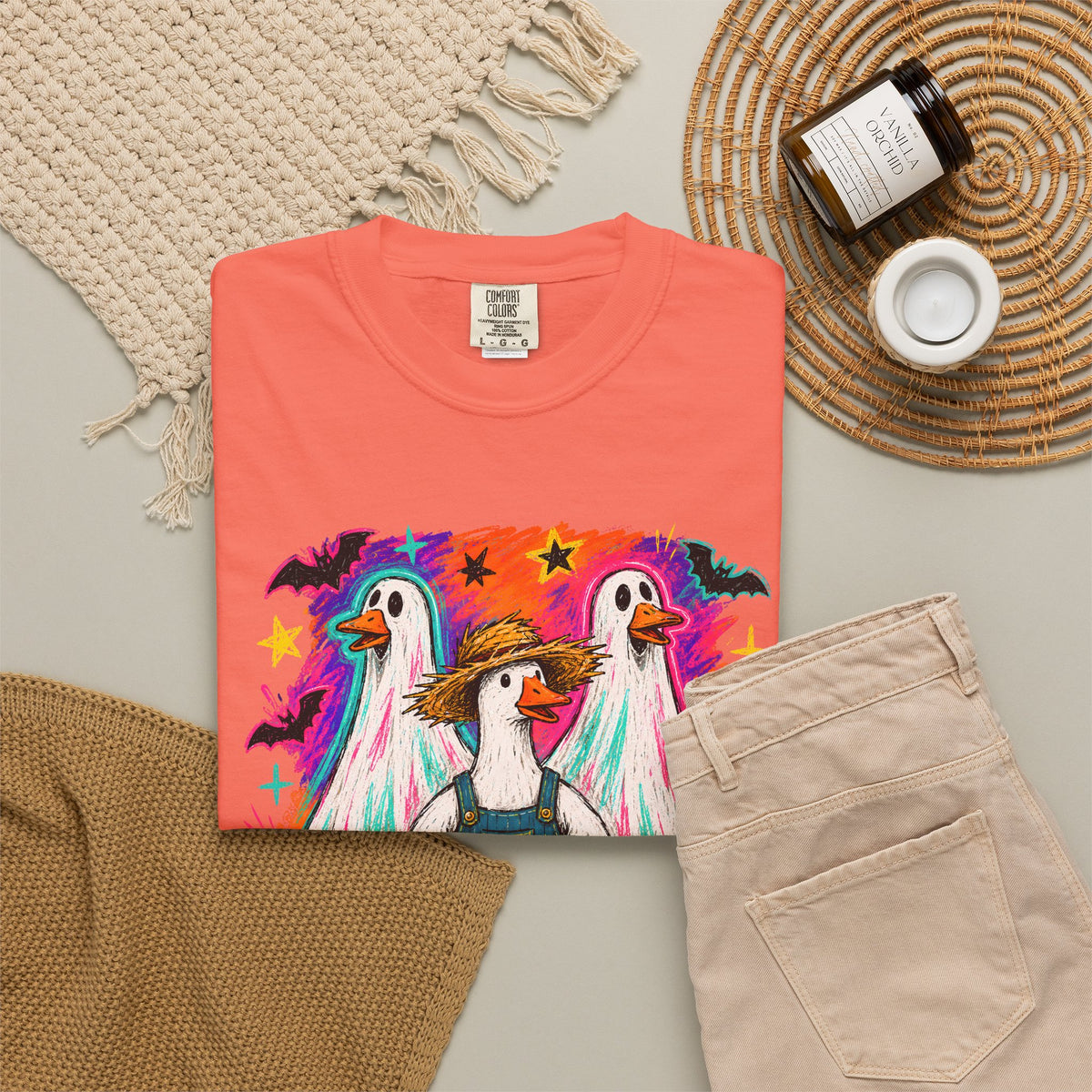 Halloween Goose T Shirt Cute Goose in Ghost Costume with Pumpkin Illustration