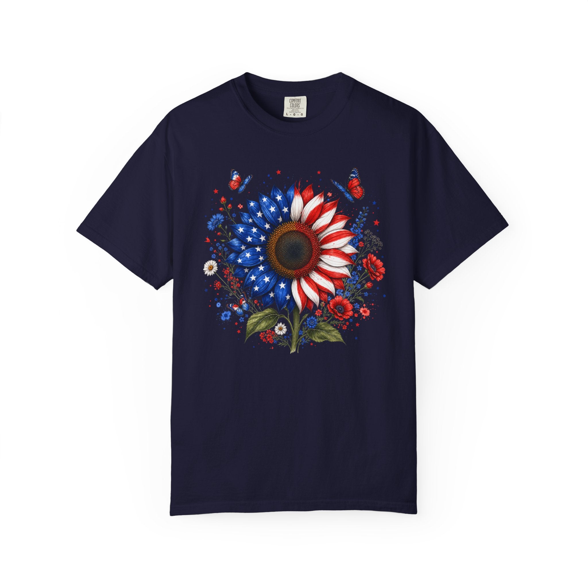 Patriotic Sunflower T Shirt American Flag Floral Tee Fourth of July
