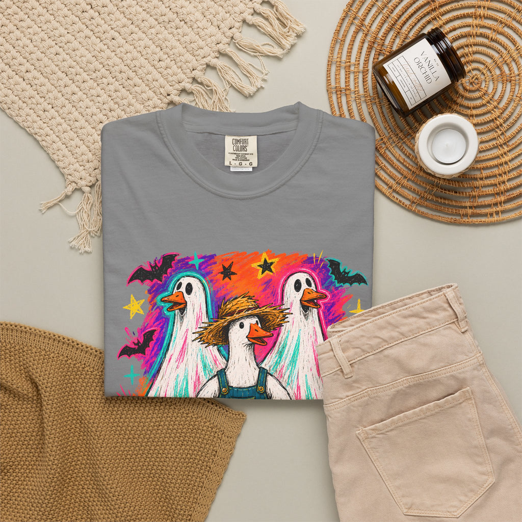 Halloween Goose T Shirt Cute Goose in Ghost Costume with Pumpkin Illustration
