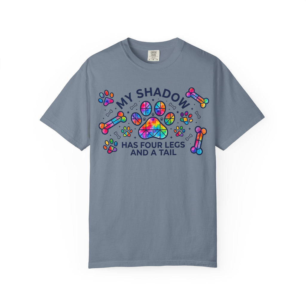 My Shadow Has Four Legs And A Tail T-Shirt Colorful Paw Print Dog Lover Tee