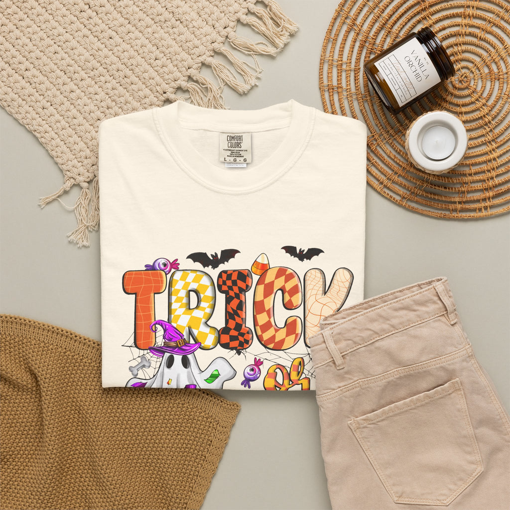 Trick or Treat Halloween T Shirt Cute Ghost Pumpkin and Candy Graphic Tee
