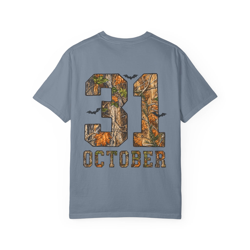 Halloween Ghost Treehouse T-Shirt Front and Back 31 October Camo Pumpkin Tee