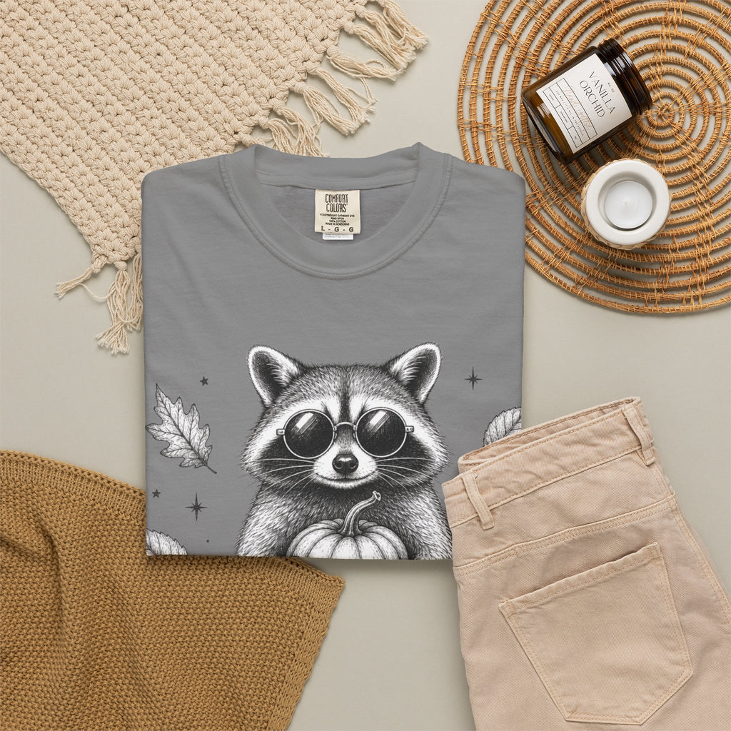 Spooky Season Bandit T Shirt Cute Raccoon Holding Pumpkin Fall Tee