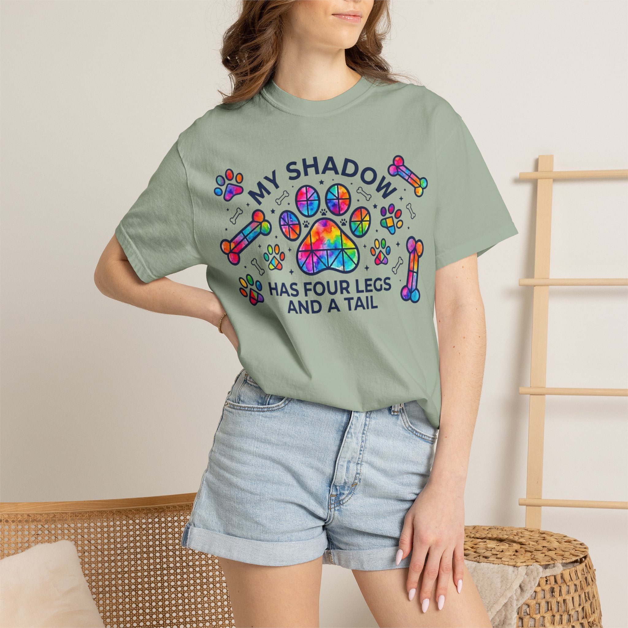 My Shadow Has Four Legs And A Tail T-Shirt Colorful Paw Print Dog Lover Tee