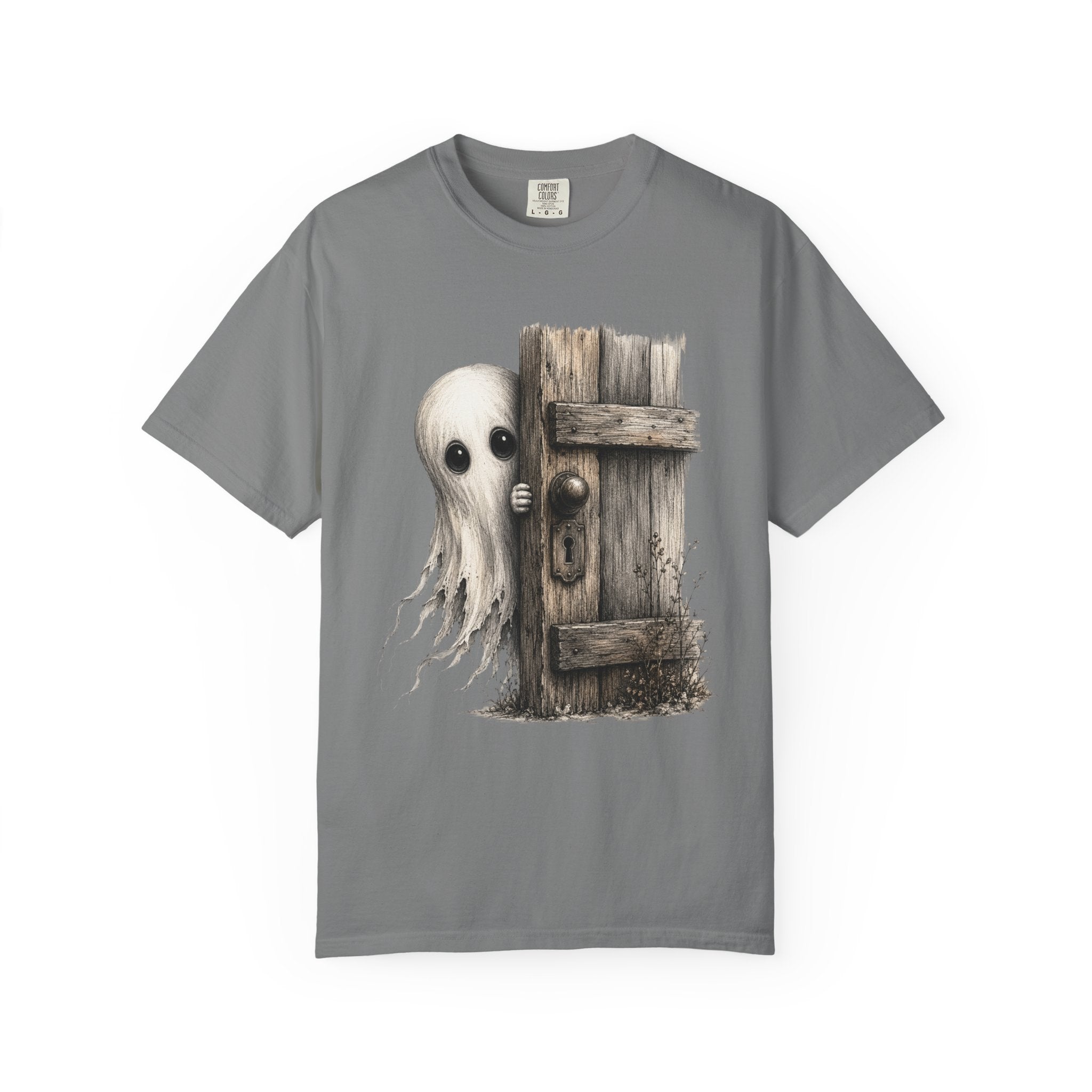 Ghost Peeking Behind Door T Shirt Cute Spooky Halloween Tee