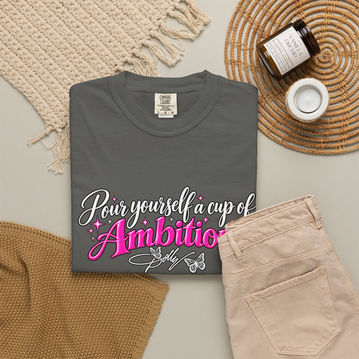Raise Yourself a Cup of Ambition T shirt  Script Typography Pink Accent