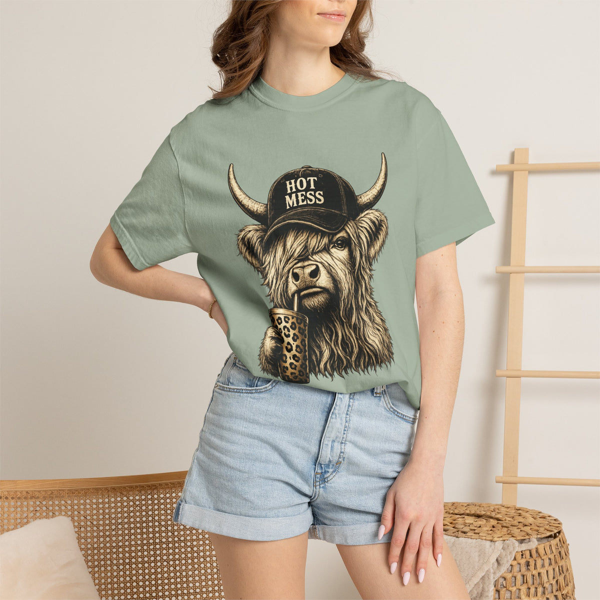 Hot Mess Highland Cow T Shirt Funny Cow with Coffee Graphic