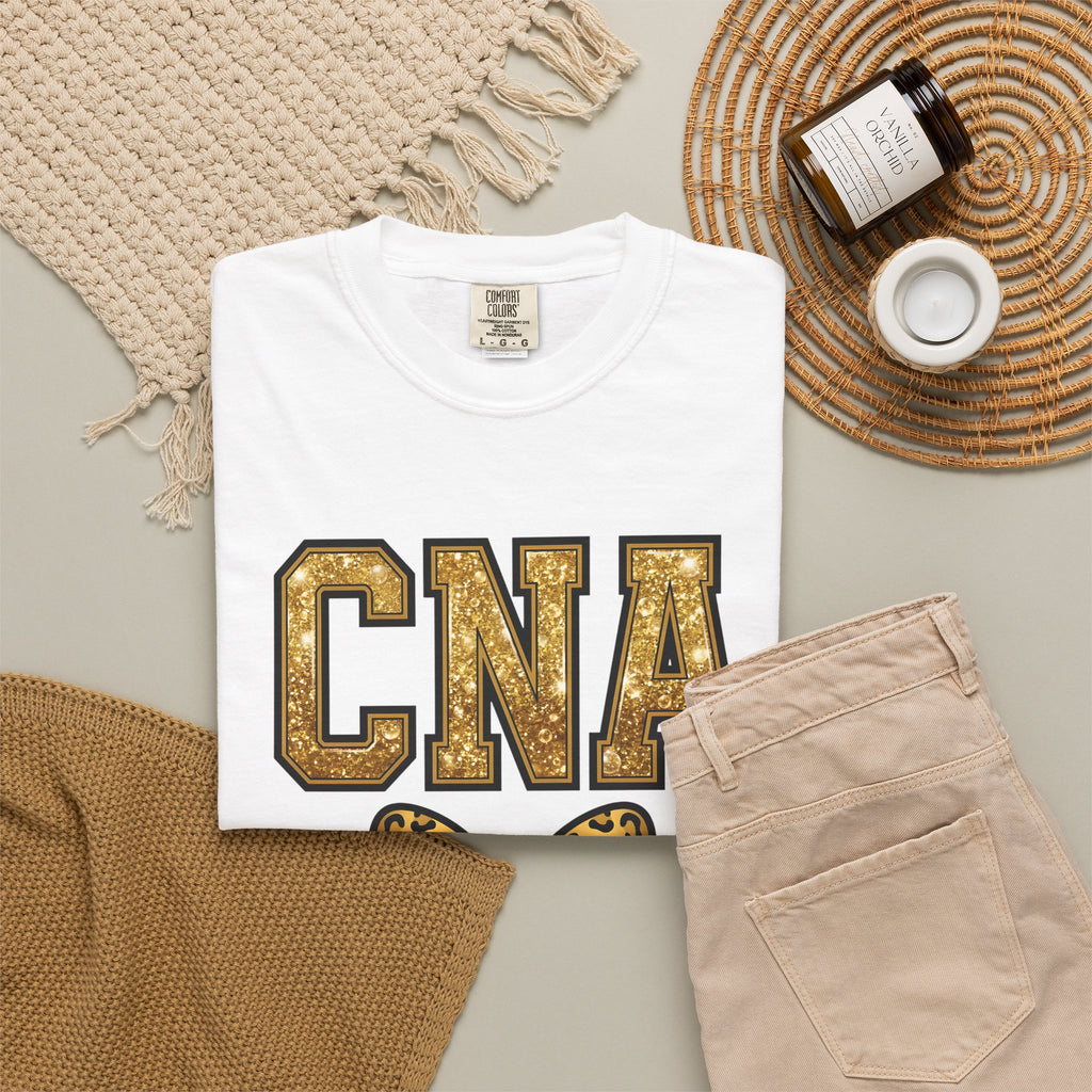 CNA Leopard Bow T Shirt Sparkle Gold Nurse Aide Tee