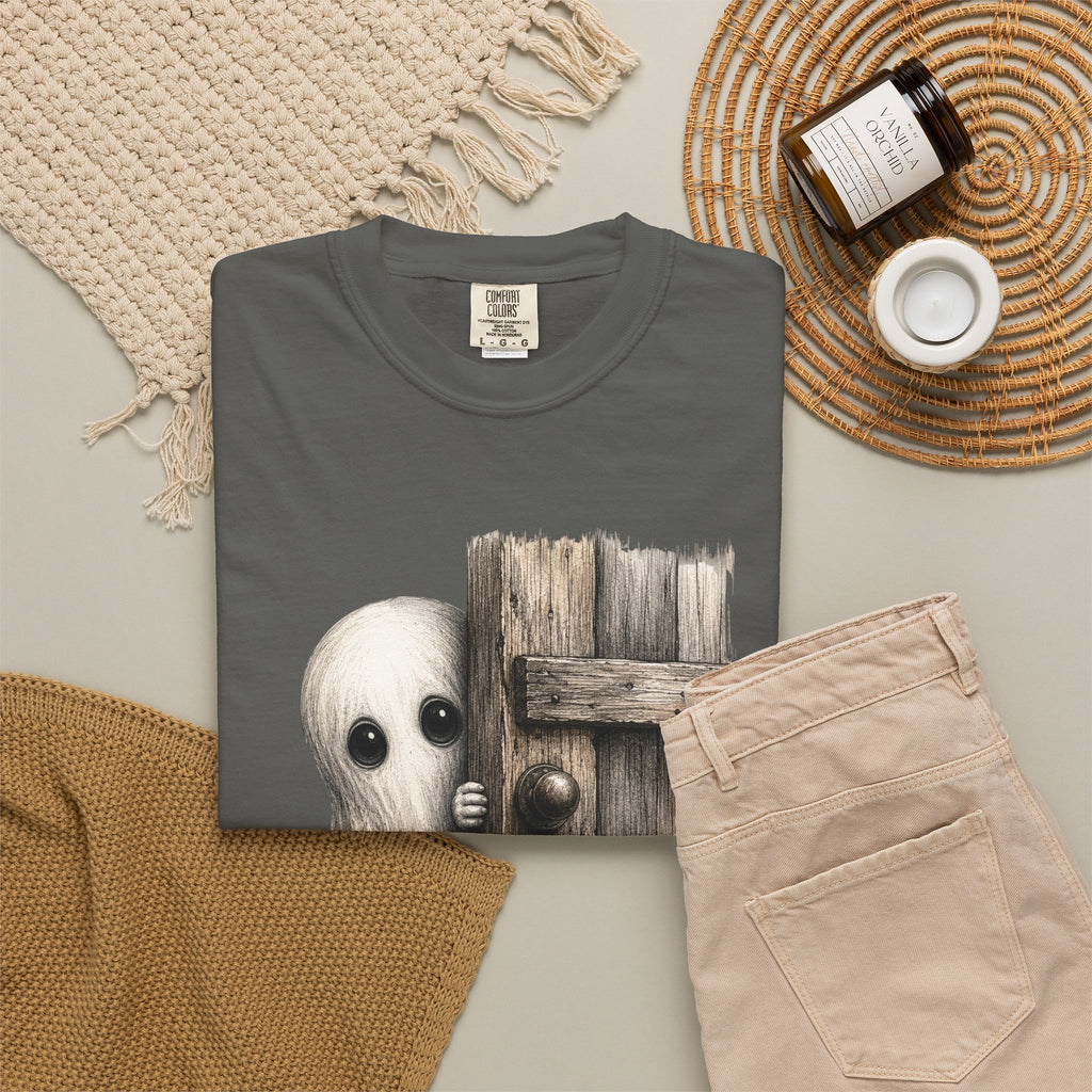 Ghost Peeking Behind Door Tee Shirt Cute Spooky Halloween Tee