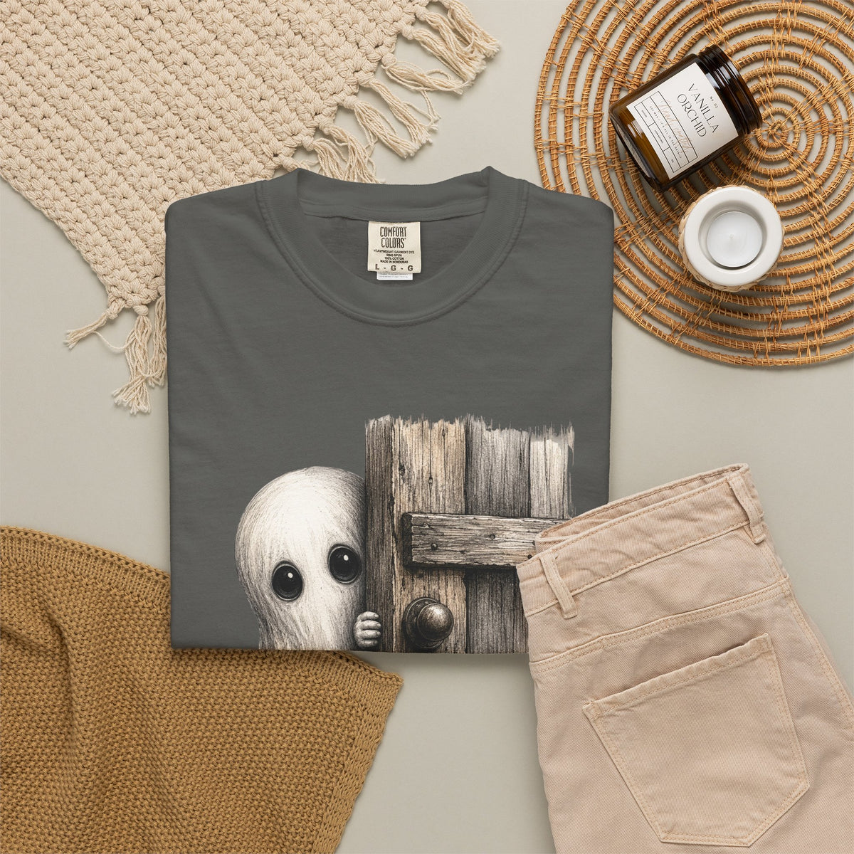 Ghost Peeking Behind Door Tee Shirt Cute Spooky Halloween Tee