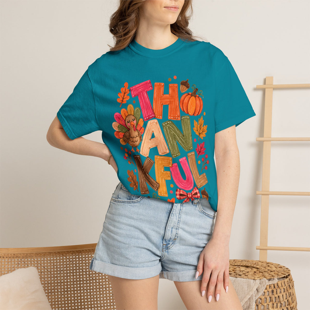 Thankful Turkey Shirt, Cute Thanksgiving Tee, Colorful Fall Graphic T-Shirt, Thanksgiving Outfit, Autumn Shirt, Fall Teacher Gift