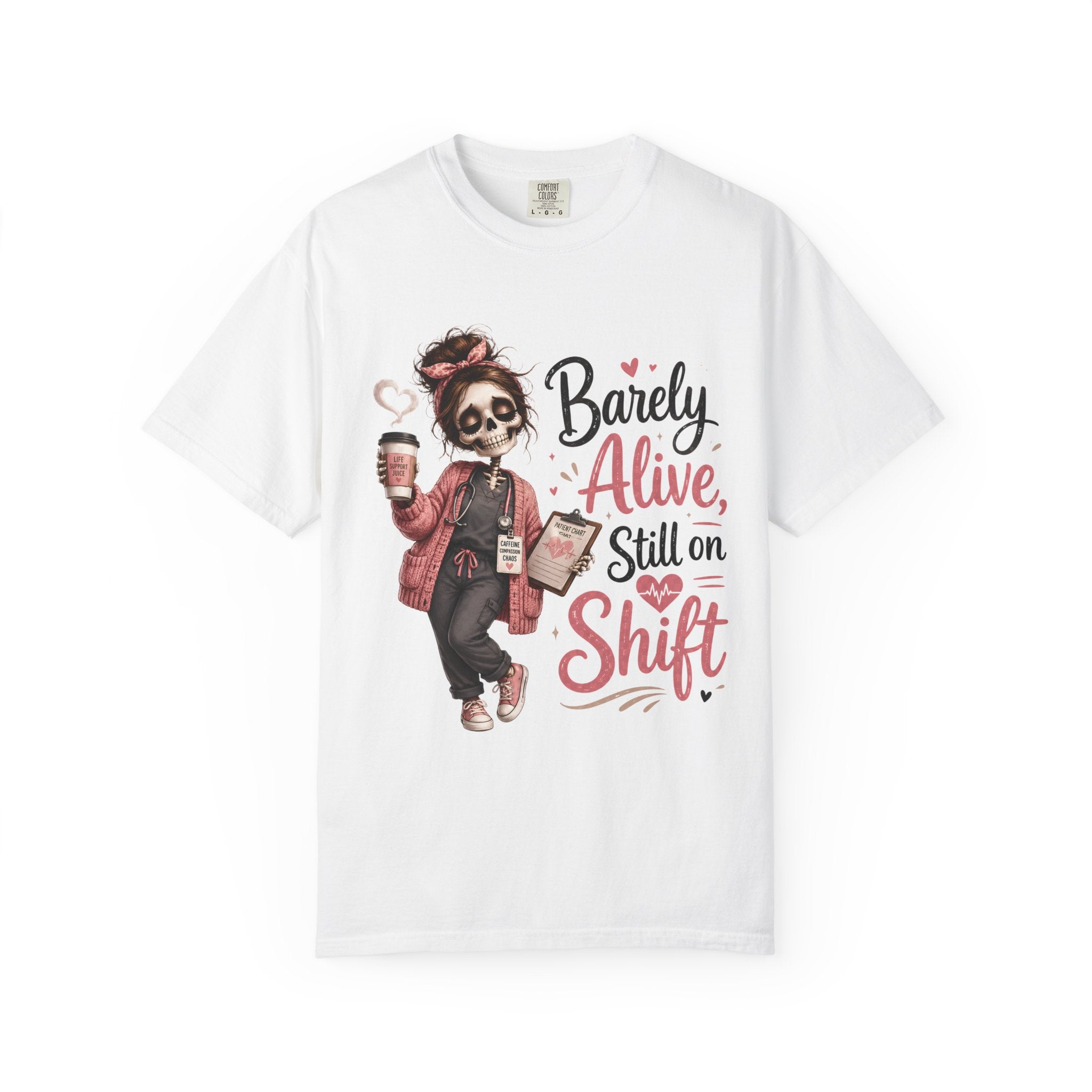 T Shirt Barely Alive Still on Shift Skeleton Barista Graphic Tee