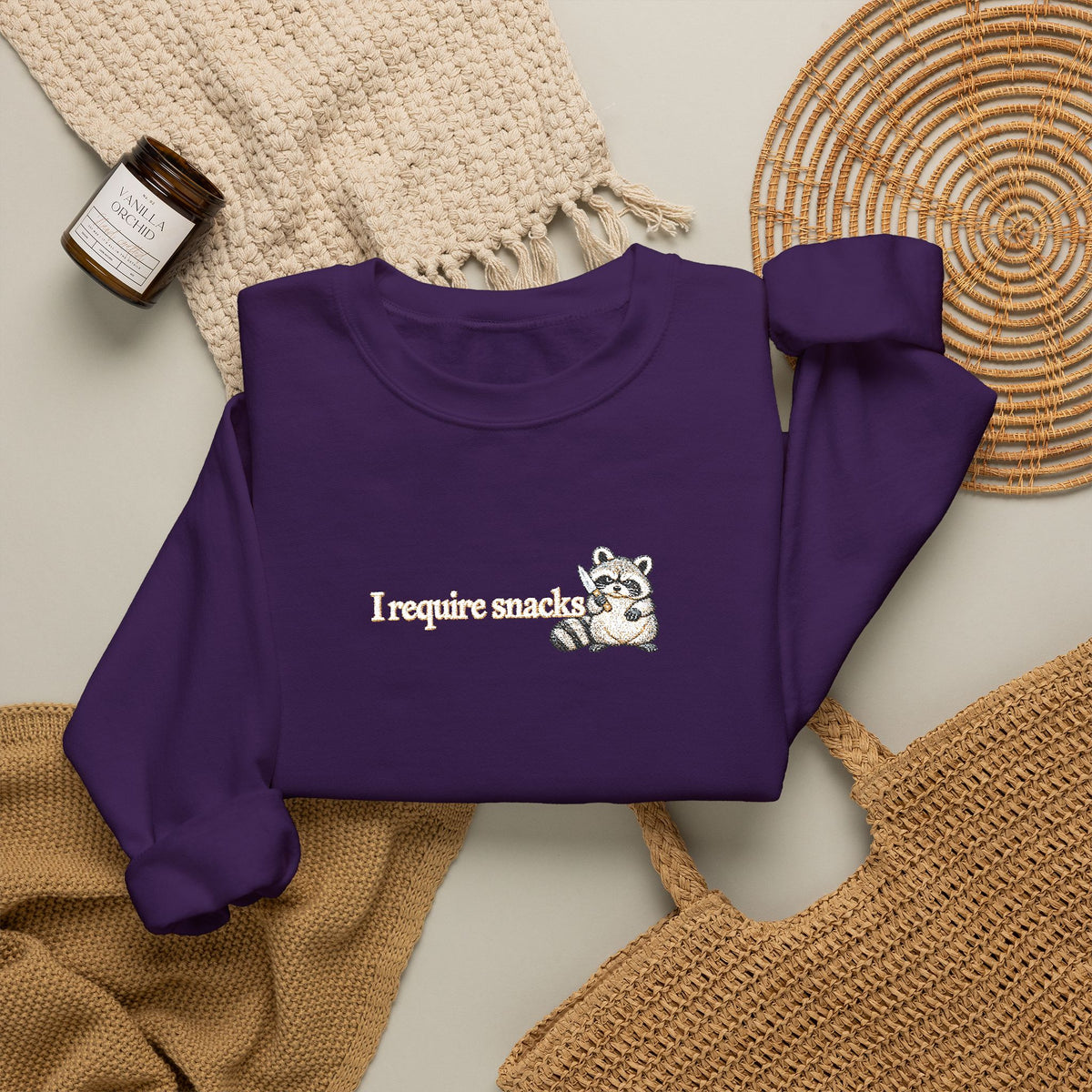 I Require Snacks Embroidered Sweatshirt, Funny Raccoon Sweatshirt, Minimalist Embroidery, Sarcastic Animal Lover Gift, Cozy Crewneck