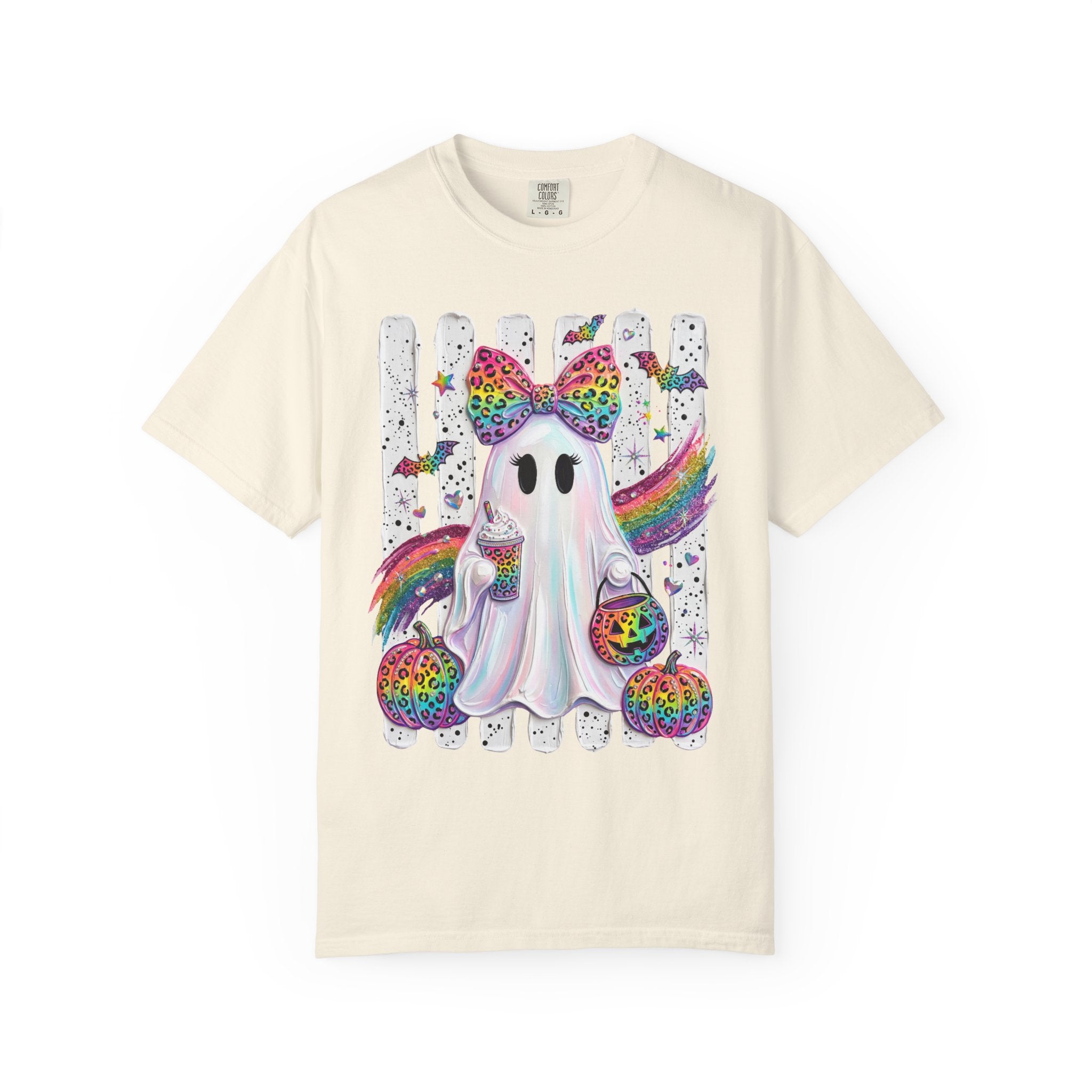 Halloween Rainbow Ghost T Shirt Cute Glittery Ghost with Rainbow Bow and Pumpkins