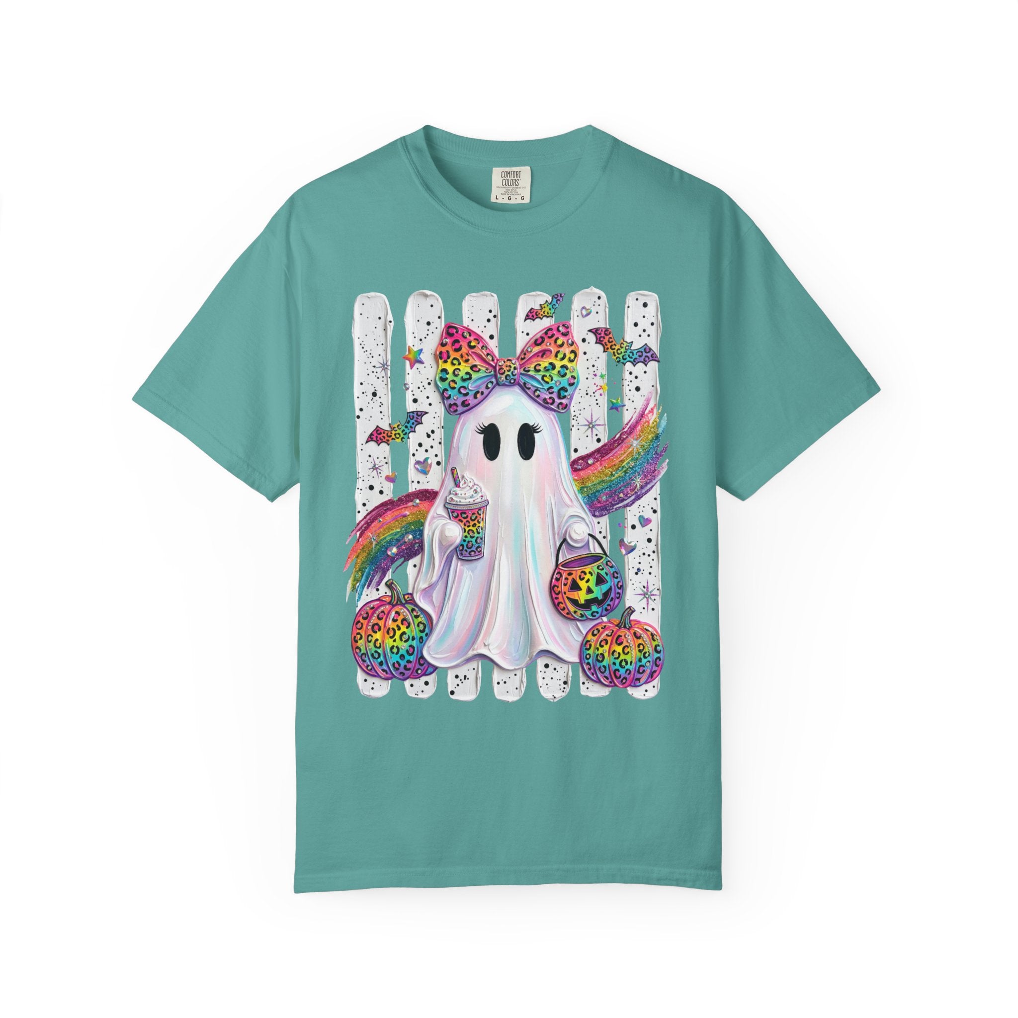 Halloween Rainbow Ghost T Shirt Cute Glittery Ghost with Rainbow Bow and Pumpkins