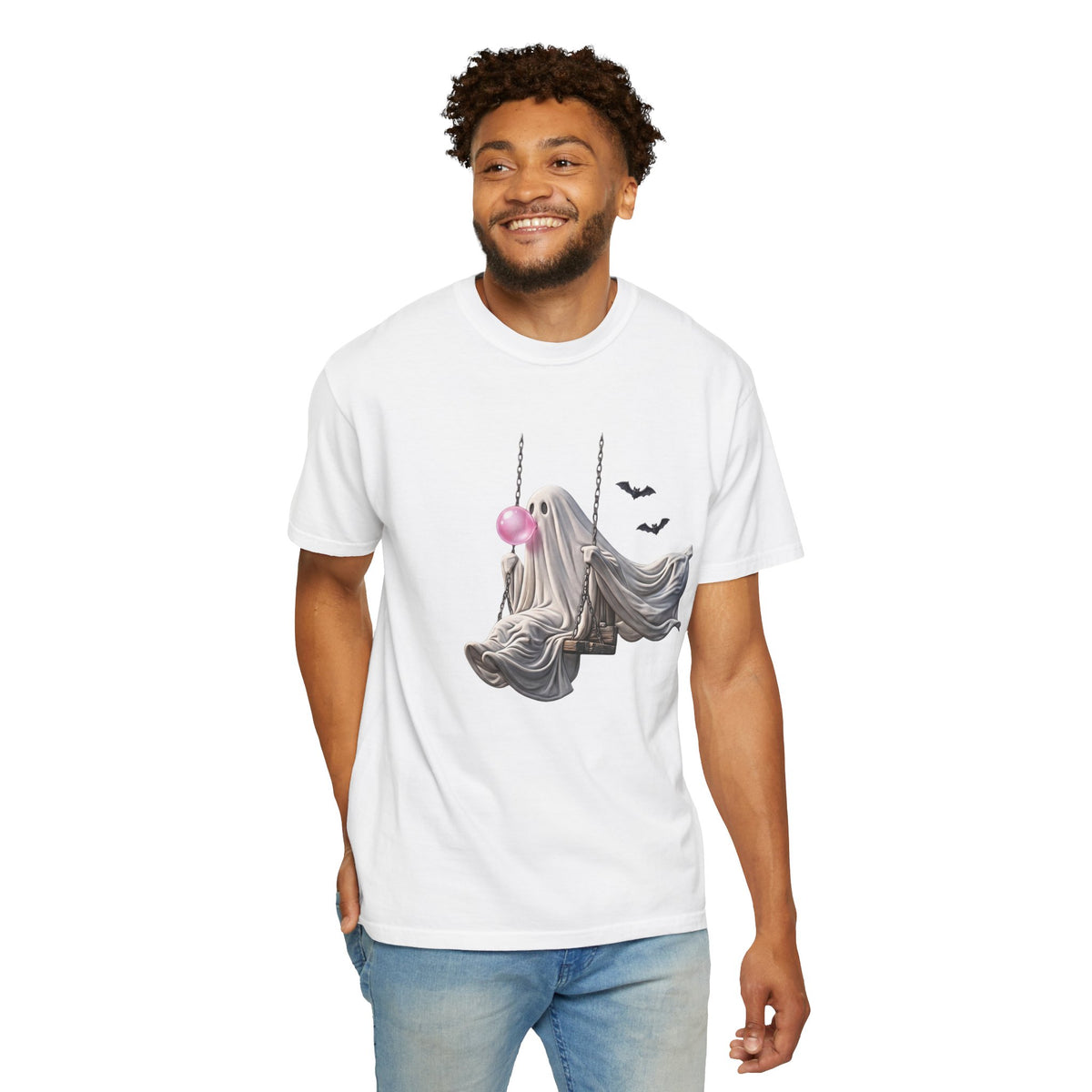 Ghost on Swing Tee Shirt | Cute Halloween Ghost Blowing Bubblegum, Bats