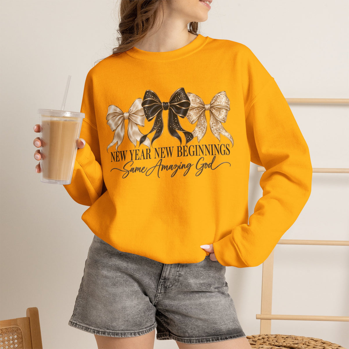 Christian New Year Sweatshirt, New Year New Beginnings Same Amazing God, Coquette Bow Crewneck, Faith Based New Years Eve Outfit, Christian