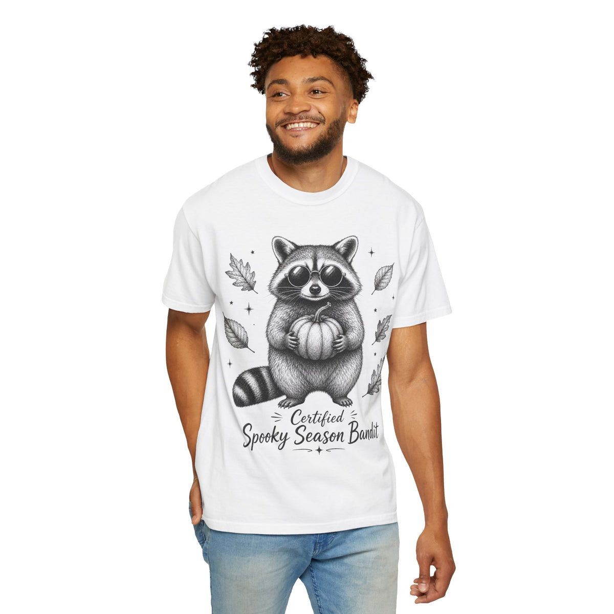 Spooky Season Bandit T Shirt Cute Raccoon Holding Pumpkin Fall Tee