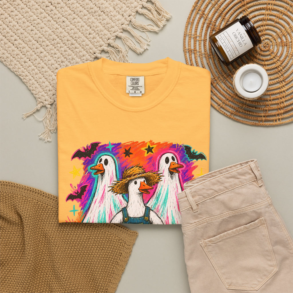 Halloween Goose T Shirt Cute Goose in Ghost Costume with Pumpkin Illustration