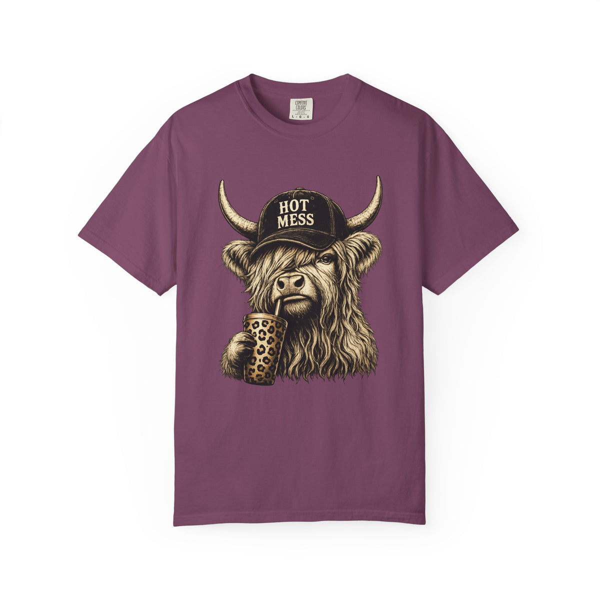 Hot Mess Highland Cow T Shirt Funny Cow with Coffee Graphic