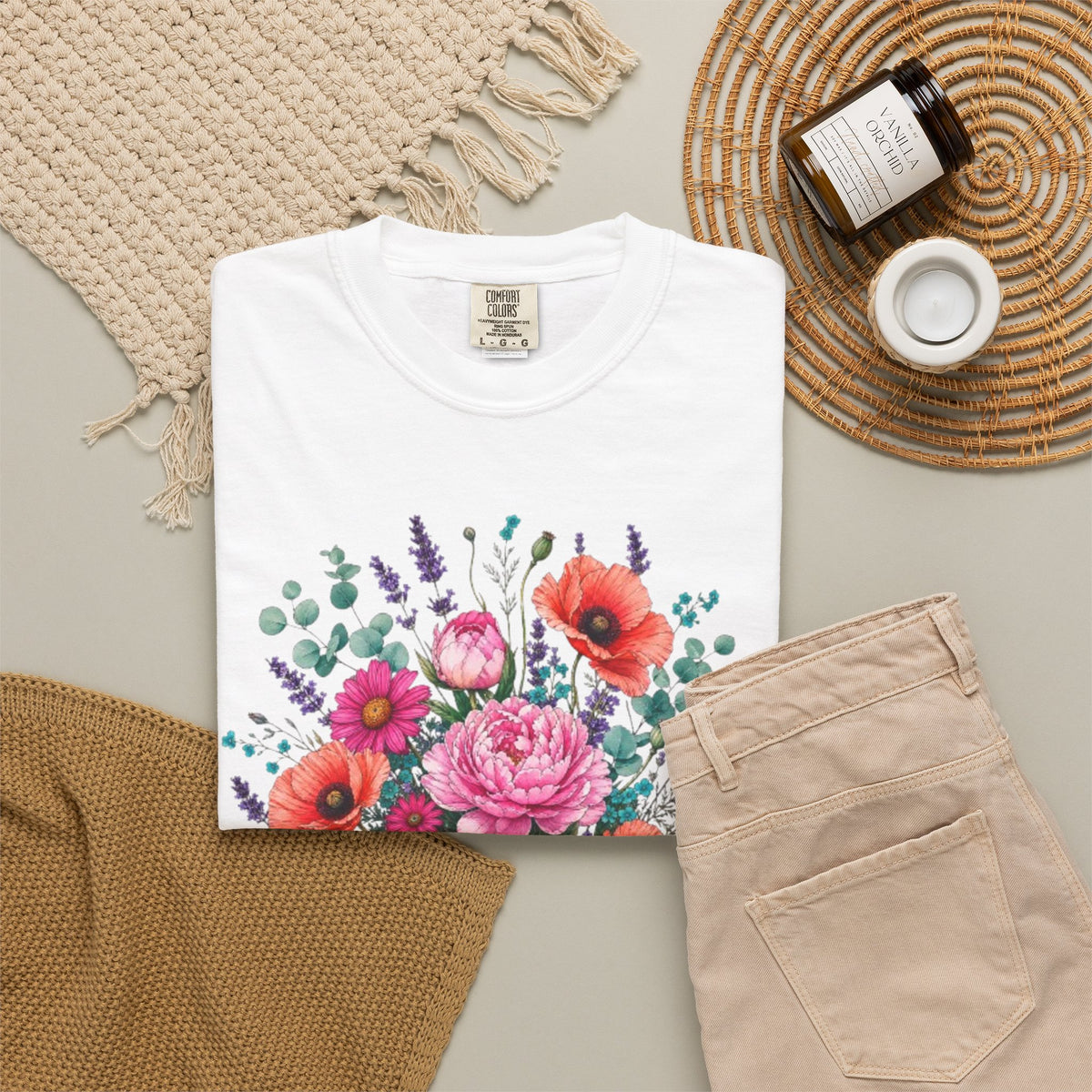 Floral Bouquet T Shirt  Pink Peony and Poppy Garden Tee