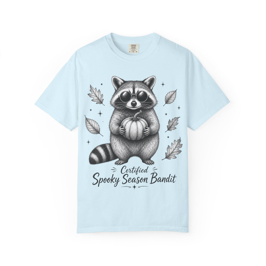 Spooky Season Bandit T Shirt Cute Raccoon Holding Pumpkin Fall Tee