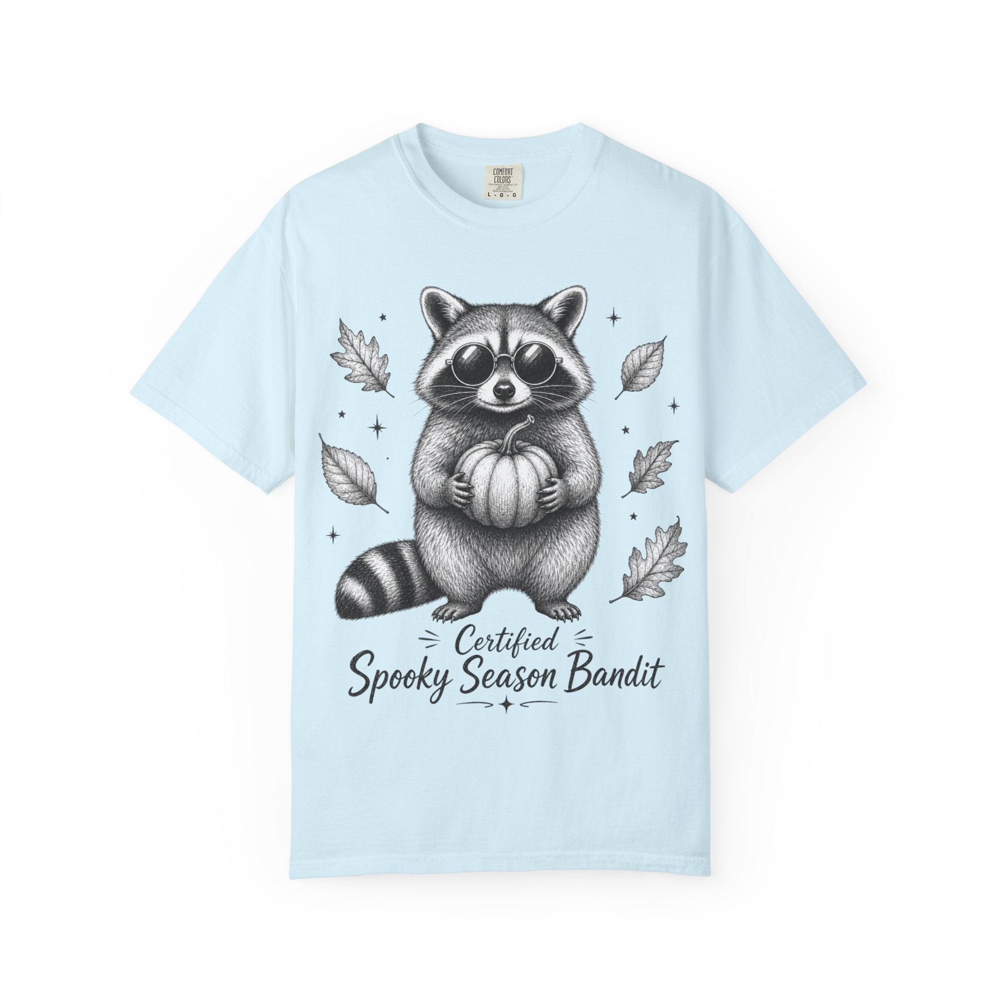 Spooky Season Bandit T Shirt Cute Raccoon Holding Pumpkin Fall Tee