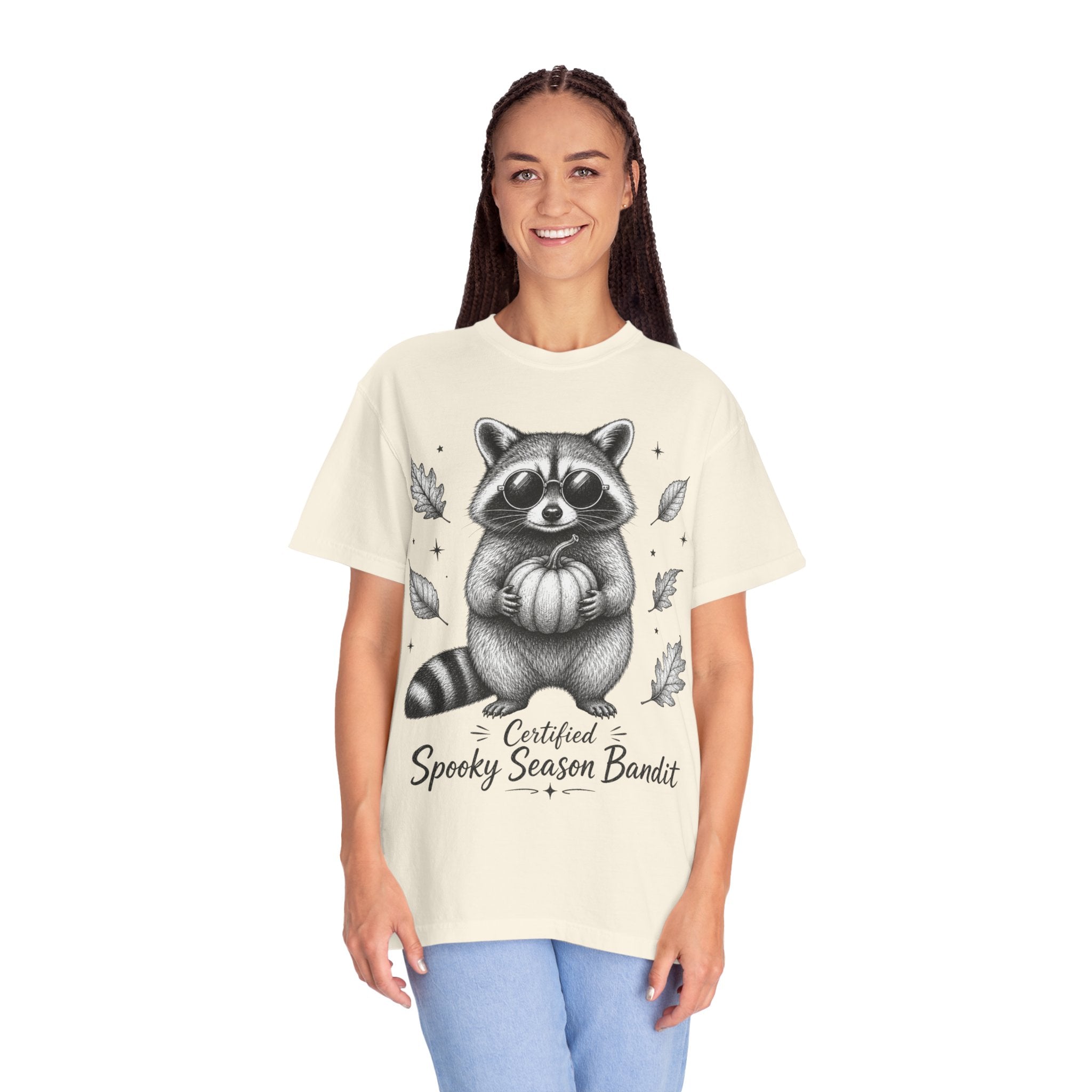 Spooky Season Bandit T Shirt Cute Raccoon Holding Pumpkin Fall Tee