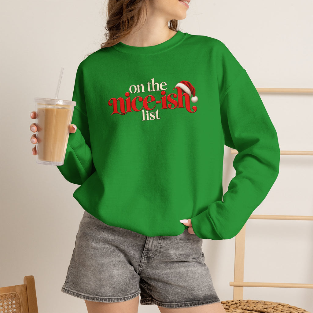 On the Nice-ish List Sweatshirt, Funny Christmas Sweater, Cute Holiday Crewneck, Santa Hat Christmas Shirt, Christmas Gift for Her