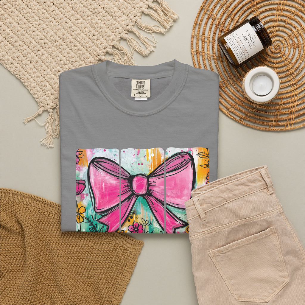 Pink Bow Floral Illustration Tee Shirt | She is Worthy Proverbs 31 Christian Tee
