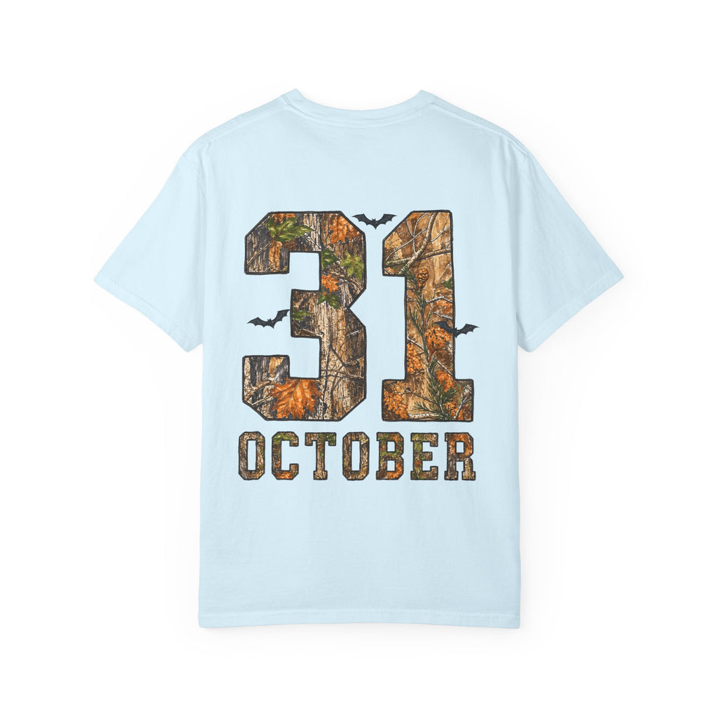 Halloween Ghost Treehouse T-Shirt Front and Back 31 October Camo Pumpkin Tee