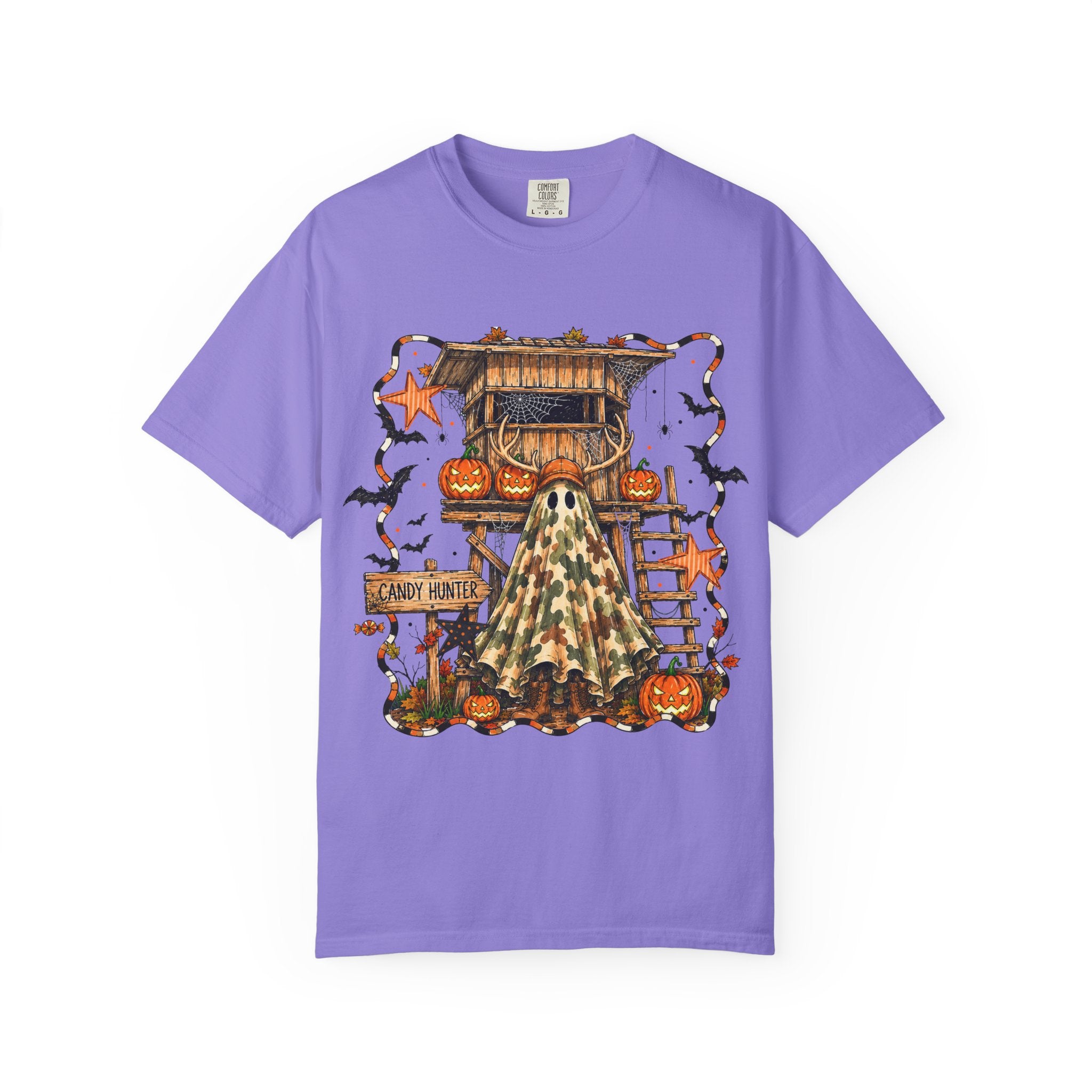 Halloween Ghost Treehouse T-Shirt Front and Back 31 October Camo Pumpkin Tee