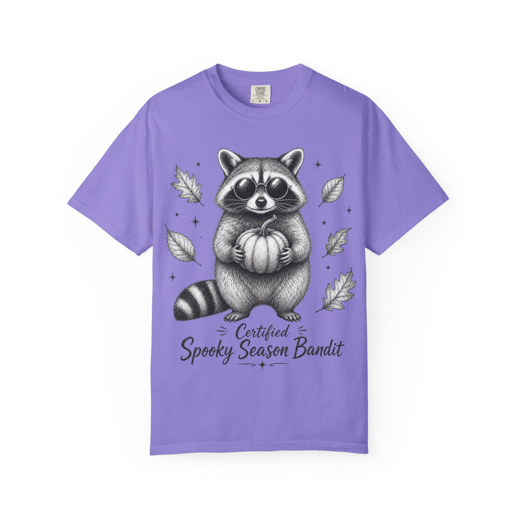 Spooky Season Bandit T Shirt Cute Raccoon Holding Pumpkin Fall Tee