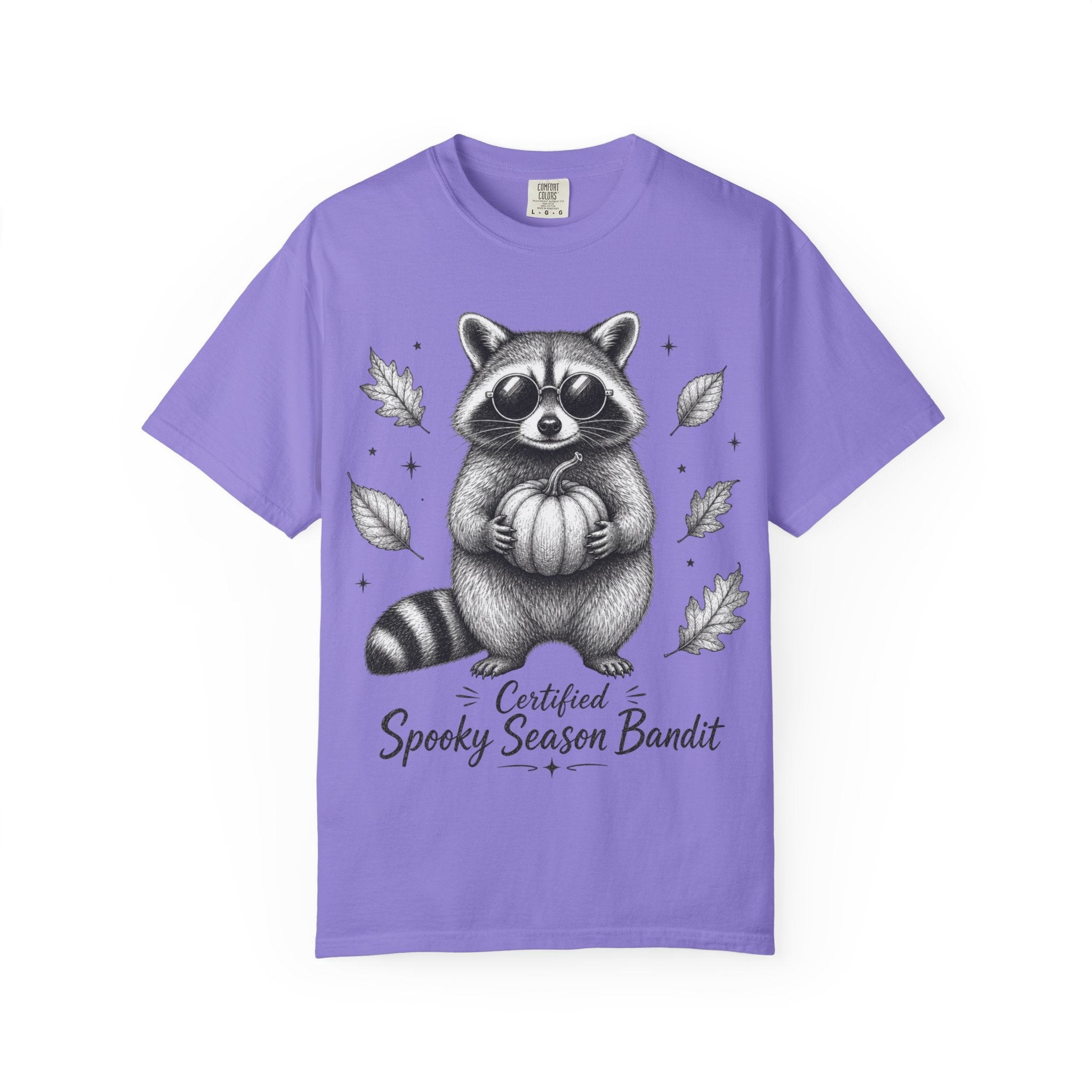 Spooky Season Bandit T Shirt Cute Raccoon Holding Pumpkin Fall Tee