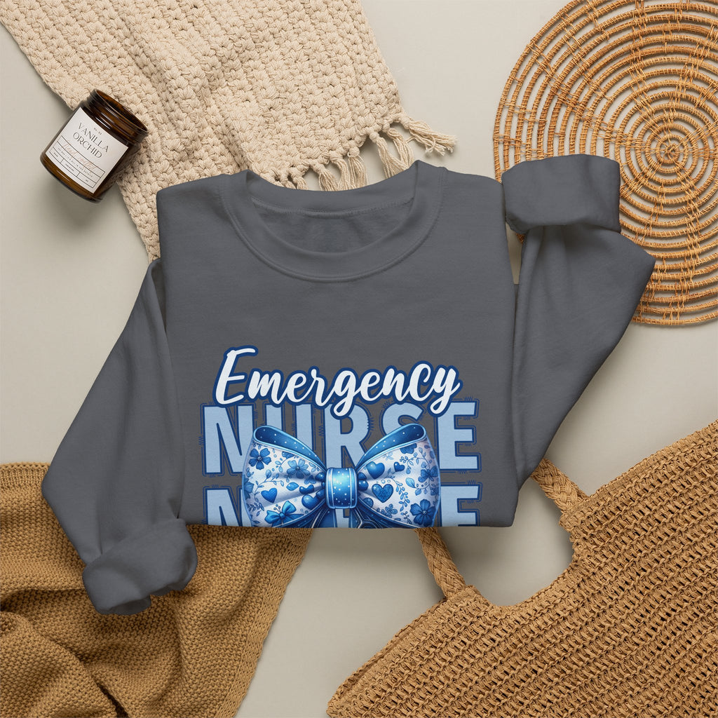 Emergency Nurse Sweatshirt, ER Nurse Blue Bow Shirt, Emergency Room Nurse Gift, RN Sweatshirt, Cute Nurse Apparel, Nursing Gift