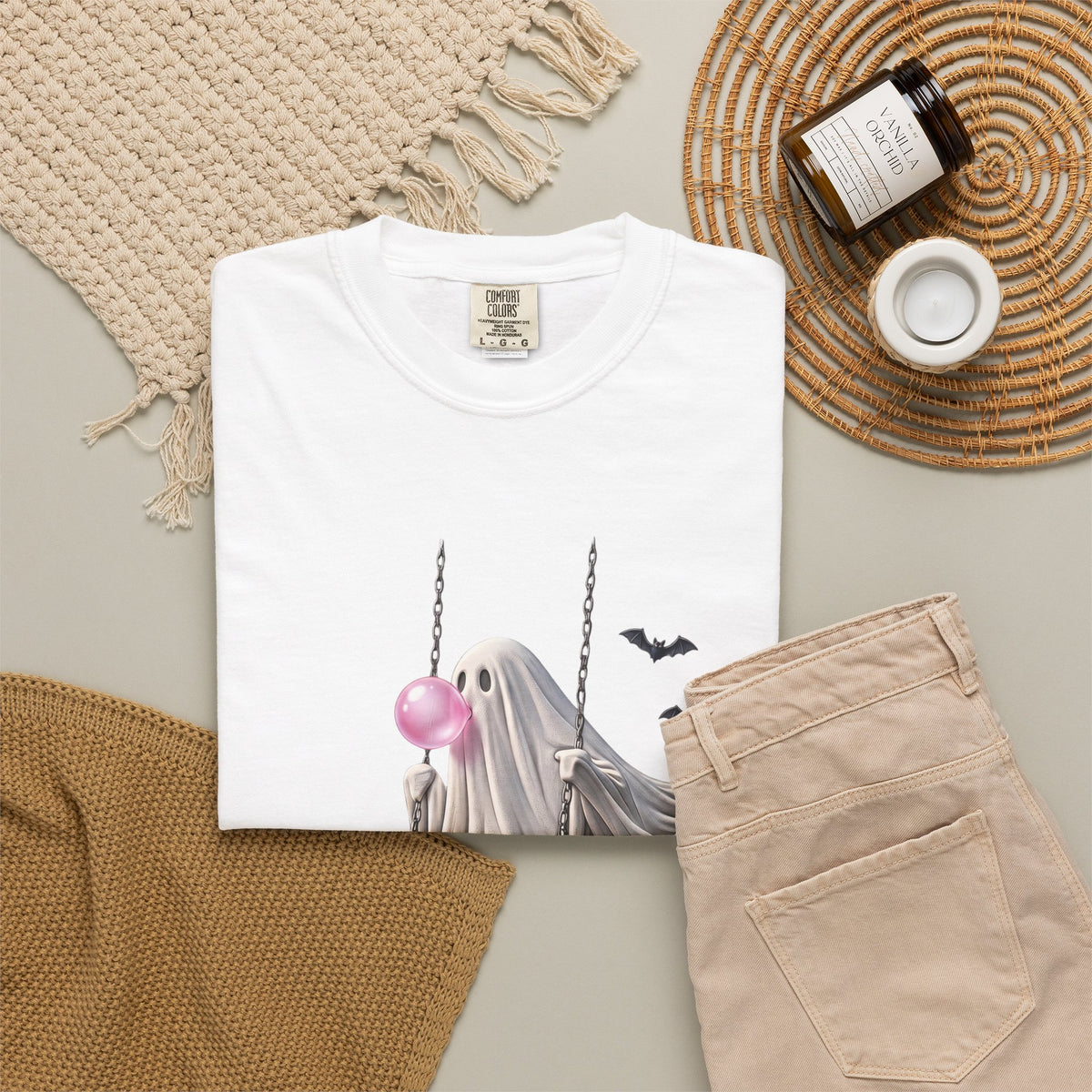 Ghost on Swing Tee Shirt | Cute Halloween Ghost Blowing Bubblegum, Bats
