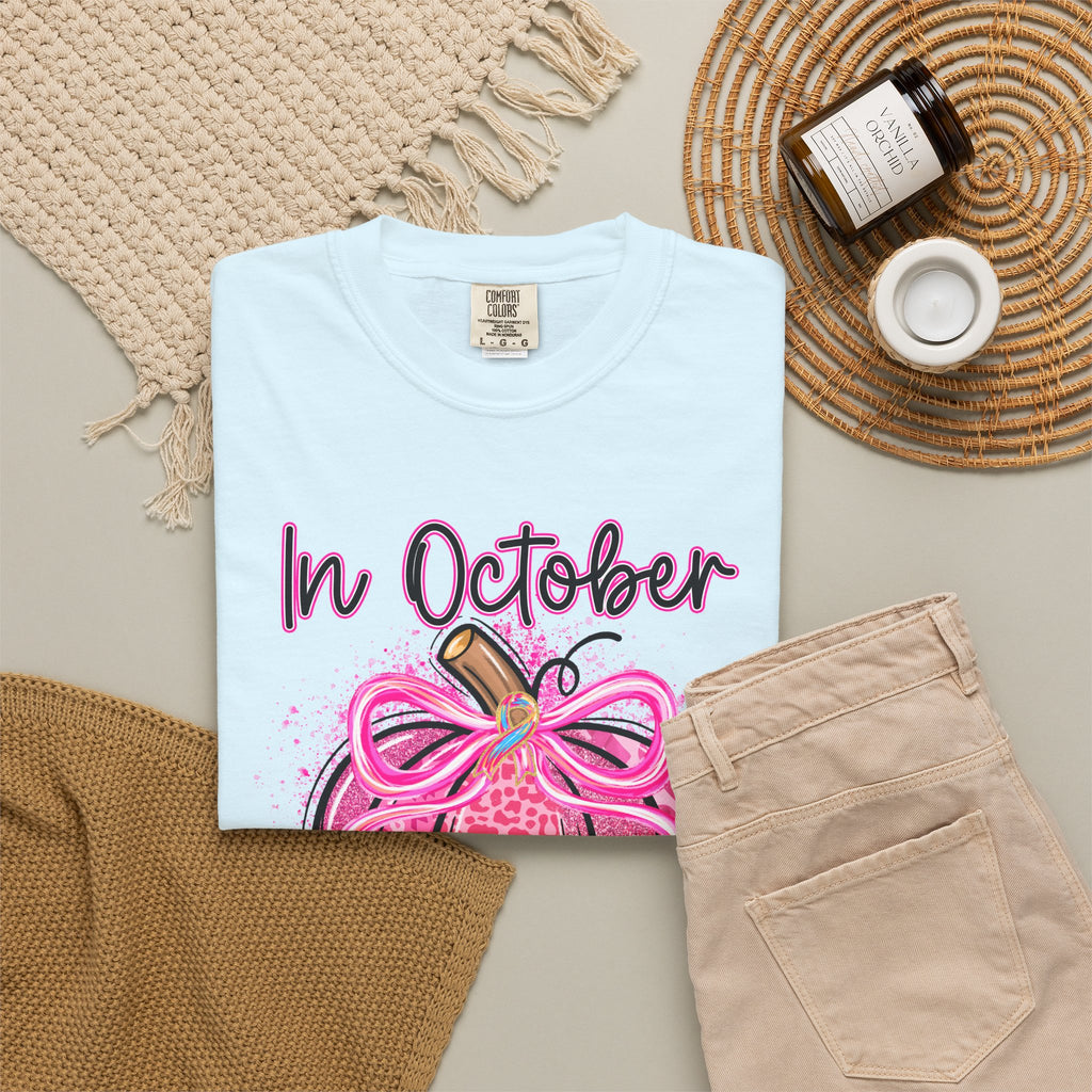 Breast Cancer Awareness Tee Shirt In October We Wear Pink Pumpkin Design