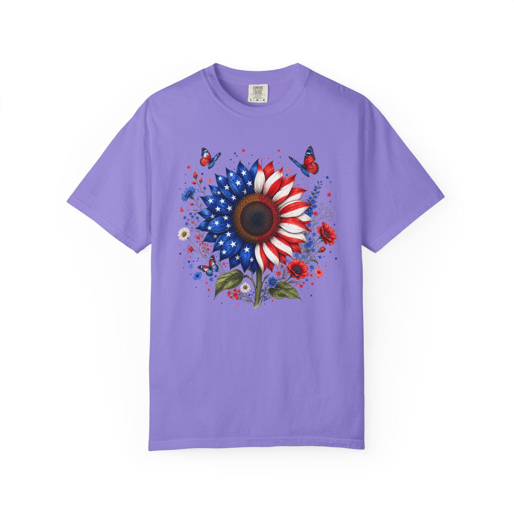 Patriotic Sunflower T Shirt American Flag Floral Tee Fourth of July